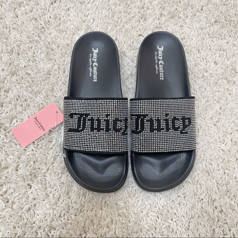 Juicy Couture Women's Sandals Size 8 Crystal Rhinestone Slides Black NEW
